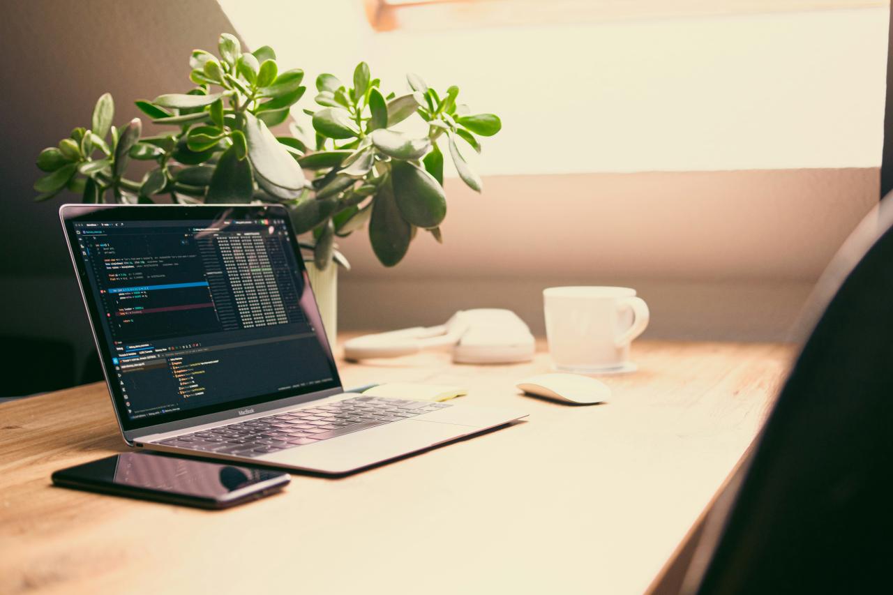 Laptop dengan kode, tanaman, dan cangkir kopi di atas meja.